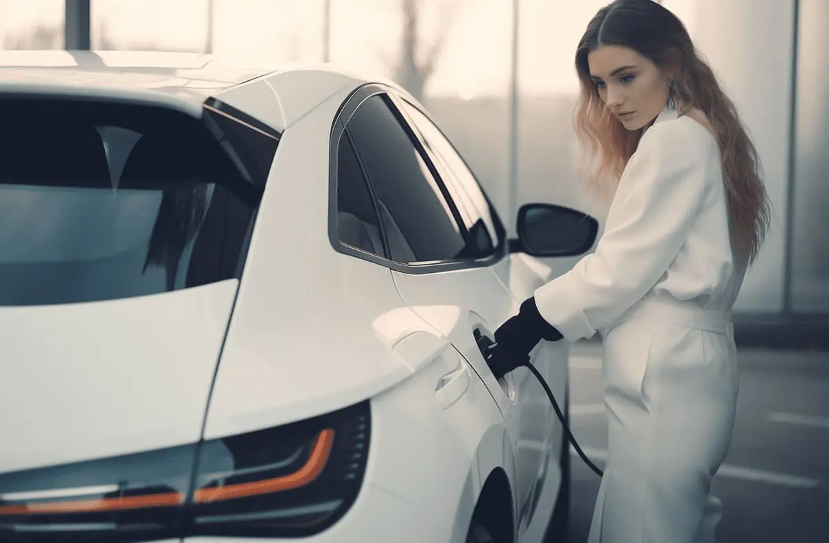femme recharge voiture electrique blanche borne recharge